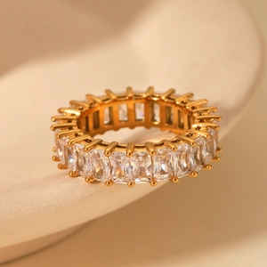 Detail of eternity ring with rectangular zircons on gold-plated stainless steel band