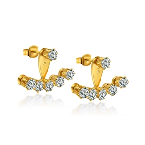 Detailed view of triangle 18K gold earrings with round zircon stones and a curved diamond row