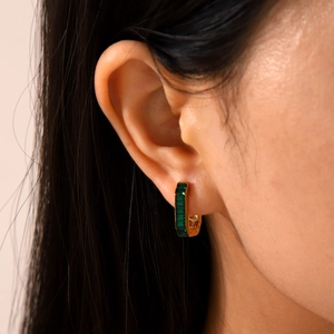 U-shaped gold stainless steel earrings for women with green rectangular zircon inlay