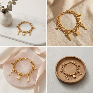 Macro view of gold double-layered beaded chain bracelet with padlock and key charms