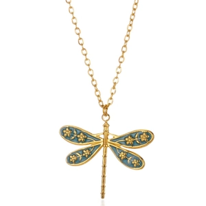 Collier baroque avec pendentif libellule aux ailes en émail bleu et détails floraux