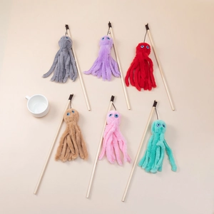 Close-up of 6-piece plush octopus cat wands with wooden handles in vibrant colors