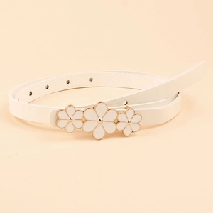 Elegant white leather belt for women featuring three gold-trimmed floral buckle charms