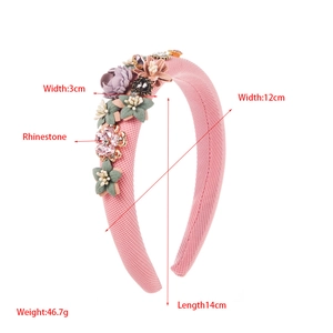 Detail view of pink fabric headband with floral rhinestones and size dimensions