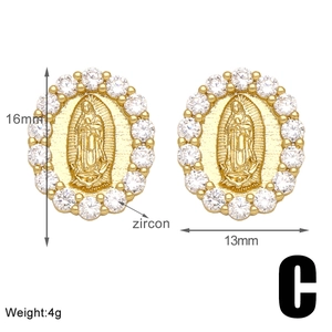 Detail view of Virgin Mary stud earrings with zircon inlay and product dimensions