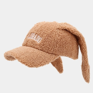 Detail of plush teddy fleece baseball cap with long rabbit ears and ORADO embroidery