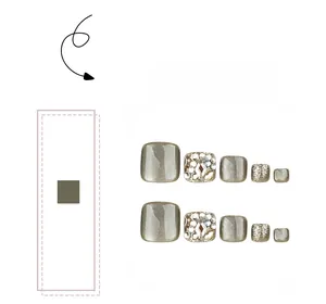 Cat-eye grey and champagne gold press-on toenails with sparkling crystals and rhinestones