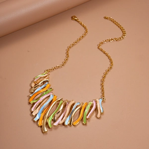 Colorful enamel irregular geometric tassel necklace with gold finish for women