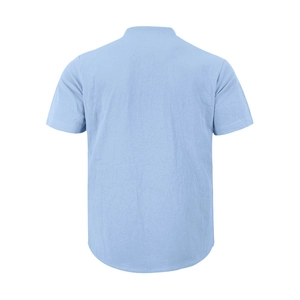 Back view of light blue linen short sleeve shirt with stand-up collar and fabric texture