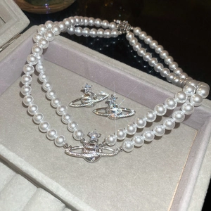 Detailed view of luxury Saturn orb pendant and double layer pearl necklace in gift box