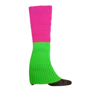 Detail view of pink and neon green knitted leg warmers with ribbed texture