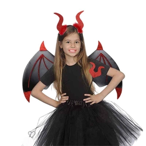 Kids Halloween red devil costume set with glitter wings horn headband and wand