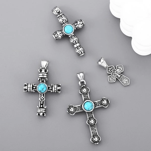 Vintage Cross Pendant Necklace Stainless Steel With Inlaid Turquoise Gothic Religious Street Style Jewelry