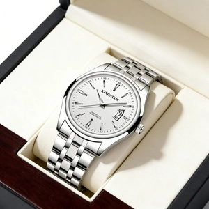 Classic silver steel men's watch with white dial and date display in wood box