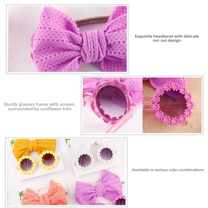 Detail of sunflower sunglasses with screw hinges and a matching hollow knitted headband