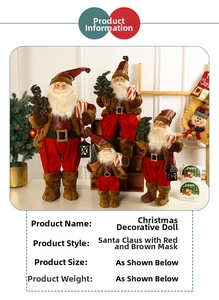 Detail of four Nordic Santa dolls in red and brown with plaid hats and warm lanterns