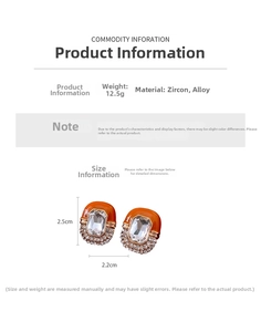 Detail view of retro orange enamel earrings with rectangle zircon and pave stones