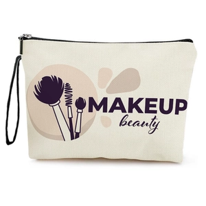 Trousse à maquillage en lin avec motif imprimé, fermeture éclair noire et dragonne sur fond blanc