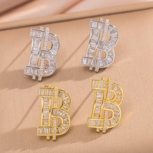 Bitcoin Symbol Stud Earrings Copper 18K Gold Plated Cubic Zirconia Geometric Letter B Fashion Jewelry For Women