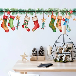 Christmas Stocking Wall Stickers PVC Waterproof Pine Branch Bell Decals For Holiday Home Decoration