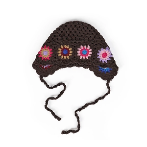 Handmade crochet floral hollow lace-up lolita hat in dark brown with colorful flowers