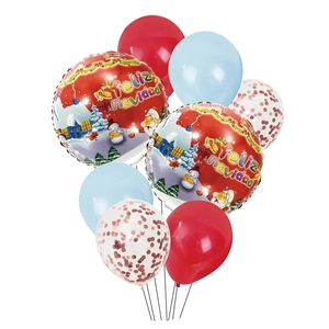 Close-up of Christmas balloon set with Feliz Navidad foil motifs and red sequin latex