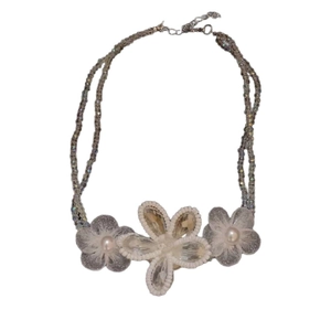 Elegant chiffon flower necklace with pearl centers and multi-strand braided grey beads