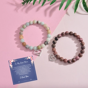 Bracelet en pierre zèbre rose avec pendentif cœur pour maman et carte cadeau incluse