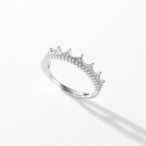 Sparkling S925 sterling silver crown open ring with micro-set zircons on white background