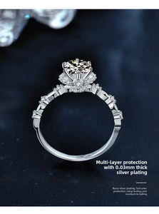 Macro shot of 925 silver ring featuring a floral moissanite setting and polished finish