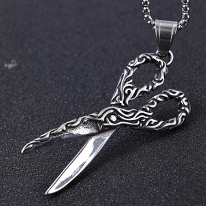 Gothic vintage stainless steel scissor pendant necklace with vine engraving and bead chain
