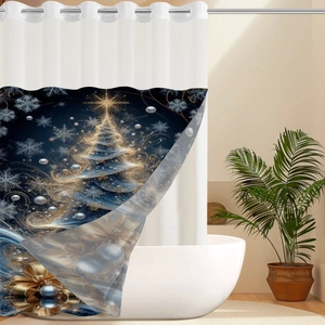 Detail view of blue Christmas shower curtain with starry tree pattern and metal eyelets