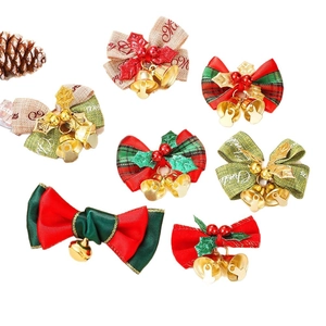 Linen Christmas bows set with bells and berries for festive gift wrapping decoration