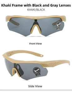 Front and side views of tactical khaki goggles with explosion-proof grey lenses