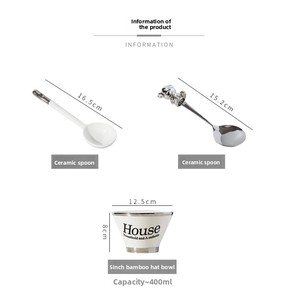 Detailed size parameters for 5-inch ceramic conical bowl and spoons set with dimensions