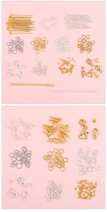 Close-up of gold and silver jewelry making findings set with lobster clasps and pins