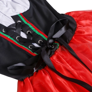 Women's German Oktoberfest dress featuring red ribbon lacing and detailed embroidery