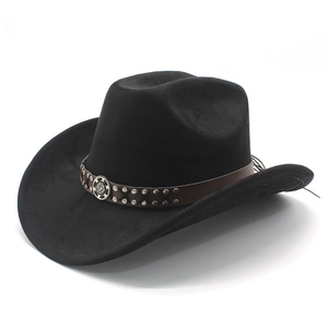 Classic black suede cowboy hat featuring a brown studded leather band with a vintage buckle