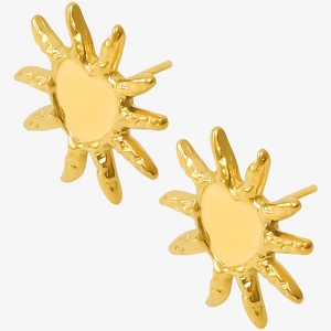 Detail shot of irregular heart sun stud earrings in polished 18k gold plated stainless steel
