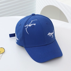 Detail of white dinosaur skeleton embroidery on dark blue cotton baseball cap