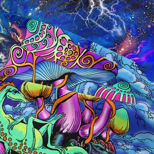 Psychedelic mushroom wall tapestry with starry sky and vibrant neon lightning design