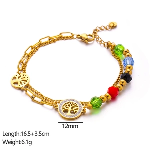 Double-layer gold plated titanium steel bracelet with colorful crystals and tree of life charms