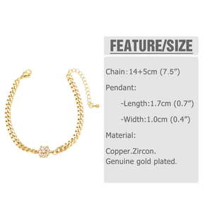 Detail showing gold-plated flower bracelet specs with size 14+5cm and zircon charm info