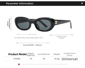 Detailed size chart for retro oversized sunglasses showing exact frame dimensions and PC material
