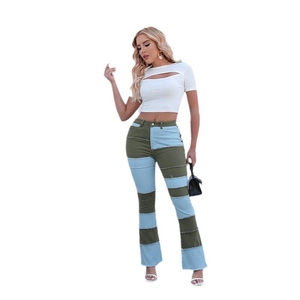 Jean Évasé Taille Haute Patchwork Pour Femmes Pantalon En Denim Color Block À Ourlet Brut Mode Streetwear