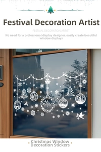 Detail of white Christmas window stickers with snowflake, reindeer and bell patterns
