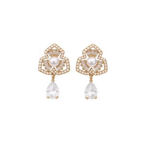 Gold plated pearl flower drop earrings with a pear-shaped crystal pendant