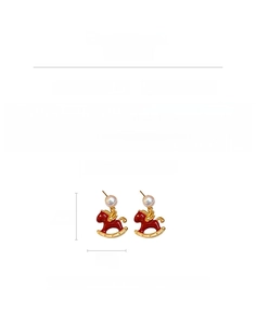 Detail of red rocking horse earrings with cubic zirconia, pearls, and exact dimensions