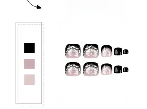Detail of French style black and pink press-on toenails with flower patterns and rhinestones