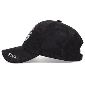 Black camouflage tactical hat with white SWAT embroidery and round logo on the side